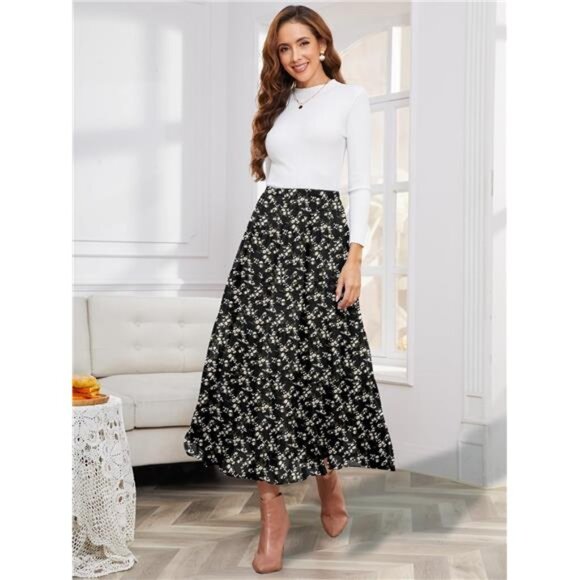 Women's Chiffon Elastic High Waist Maxi Skirts Black White Flower - Picture 3 of 5